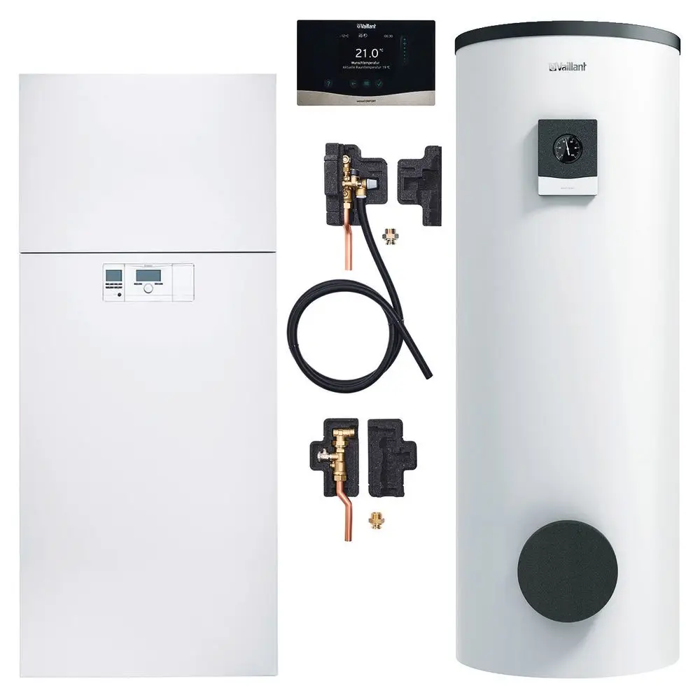 Vaillant Heizgerät und Warmwasserspeicher, umgeben von Montagezubehör und einem digitalen Thermostat. Alle Teile sind in weißer Ausführung.